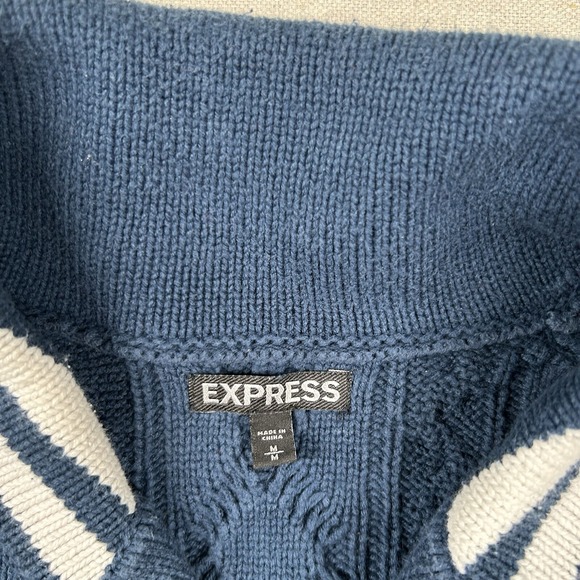 Express Sweater Womens M Cable Knit Shawl Cardigan Navy Blue Nautical Buttons - Picture 3 of 8